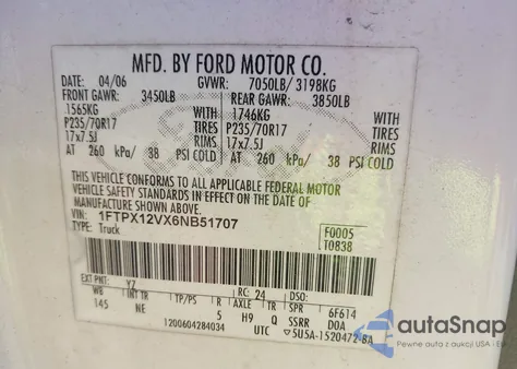 2006 Ford F-150 Lariat/Xl/Xlt z USA, uszkodzony, nr VIN 1FTPX12VX6NB51707